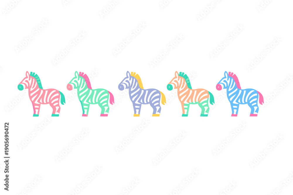Naklejka premium A row of five stylized, colorful zebras stands against a black background. The animals are depicted in a flat vector style with vibrant shades of pink, green, purple, orange, and blue.