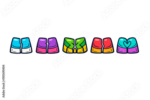 Five pairs of colorful stylized cartoon shapes resembling shorts or buttocks are arranged in a horizontal row against a solid black background with vibrant neon colors and bold outlines.