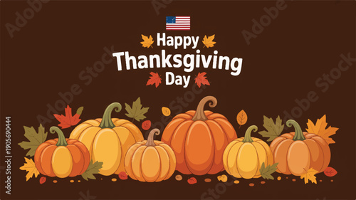 Happy Thanksgiving Day pumpkins and autumn leaves fall