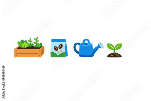 A set of four gardening icons featuring a wooden planter box with green plants, a bag of seeds, a blue watering can, and a small sprout growing from a mound of soil on a black background.