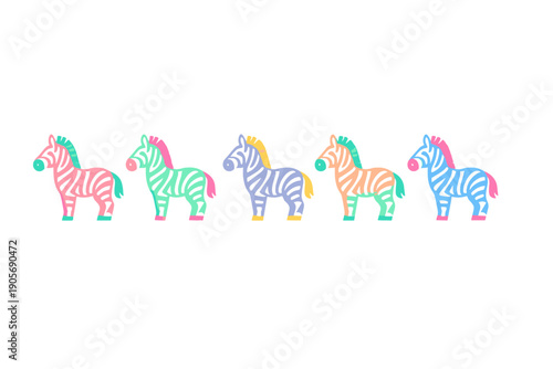 A row of five stylized, colorful zebras stands against a black background. The animals are depicted in a flat vector style with vibrant shades of pink, green, purple, orange, and blue.