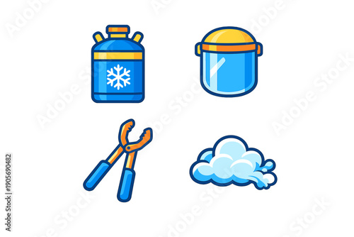 A set of four cartoon icons related to cryogenics, featuring a blue cryogenic flask with a snowflake, a storage container, orange tongs, and a vapor cloud on a black background.