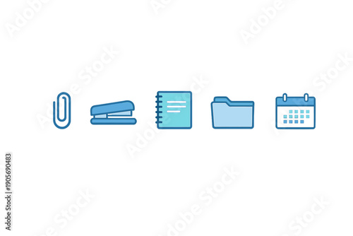 A collection of five blue office supply icons including a paperclip, stapler, spiral notebook, file folder, and calendar, arranged horizontally on a dark background.