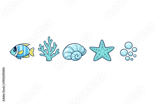 A collection of five light blue underwater icons including a fish, coral, seashell, starfish, and bubbles, arranged in a horizontal row against a solid black background.