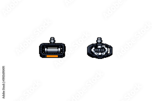 Two pixel art bicycle pedals are displayed against a solid black background. One is a flat pedal with an orange reflector, and the other is a clipless mountain bike pedal.