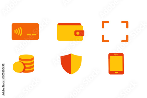 A collection of six flat icons representing digital finance and security, including a credit card, wallet, scanner, coins, shield, and smartphone in orange and yellow colors.