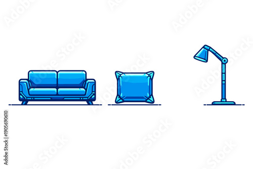 A stylized blue illustration of a modern sofa, a square pillow, and a tall floor lamp set against a dark background, featuring a futuristic and glowing aesthetic.