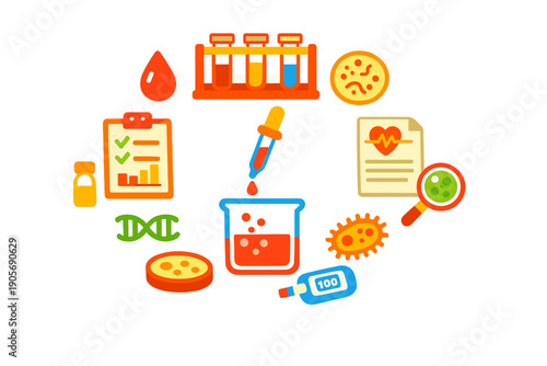 Colorful flat vector illustrations of laboratory equipment, medical tests, and scientific symbols like DNA and bacteria arranged in a circular composition on a solid black background.