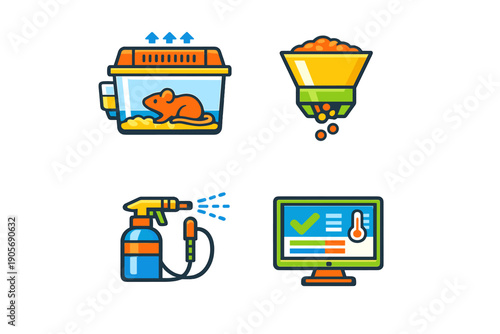 A set of four flat vector icons illustrating laboratory animal care, featuring a mouse in a ventilated cage, a grain feeder, a disinfectant spray bottle, and a monitoring dashboard screen.