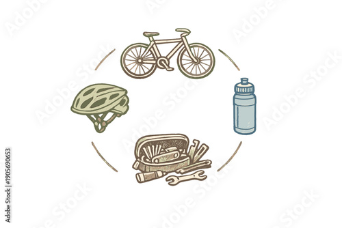 This vintage style sketch displays essential cycling gear including a bike, a helmet, a water bottle, and maintenance tools organized in a circular layout on a dark backdrop.