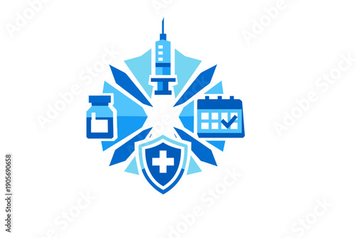 A blue medical illustration featuring a syringe, a vaccine vial, a calendar with a checkmark, and a protective shield with a cross, symbolizing healthcare and vaccination scheduling.