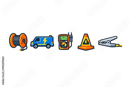 A set of five stylized icons related to electrical services, including a cable reel, a service van, a multimeter, a safety cone, and a jumper cable clamp on a black background.
