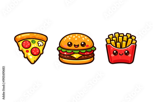 Three adorable cartoon fast food items featuring a slice of pepperoni pizza, a smiling cheeseburger, and a box of french fries with cute faces on a solid black background.