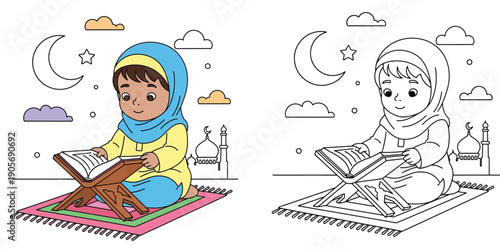 Muslim Girl Reading Holy Quran Illustration and Coloring Page for Kids, Ramadan Kareem and Eid Mubarak Concept with Mosque and Crescent Moon Background, Religious Education Vector (186 characters)