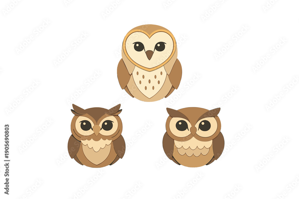 Fototapeta premium Three cute cartoon owls are arranged in a triangular formation against a solid black background. The stylized birds feature rounded bodies and large eyes in shades of brown and tan.