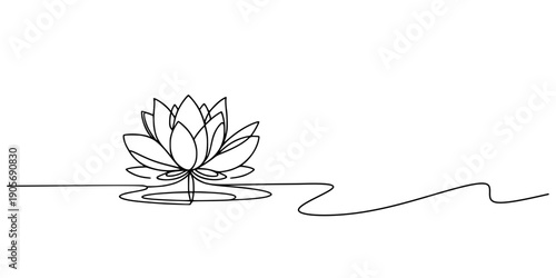 Lotus Line Art, A continuous line drawing of a lotus flower above water, symbolizing purity, meditation, and spiritual awakening