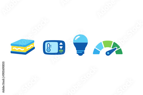 A collection of four flat icons representing home energy efficiency, including insulation, a smart thermostat, an LED light bulb, and a performance gauge on a black background.