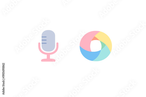 A minimalist illustration featuring a light blue microphone icon with a pink stand next to a colorful circular aperture icon, both set against a solid black background.