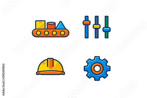 A set of four industrial icons featuring a conveyor belt with shapes, vertical control sliders, a yellow safety hard hat, and a blue mechanical gear on a black background.