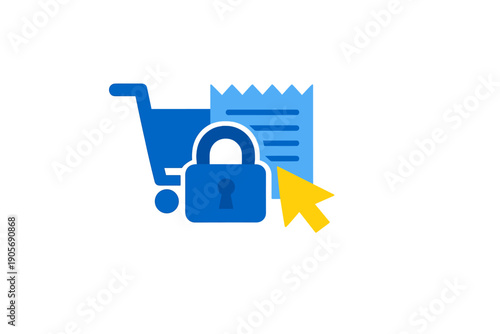 This illustration features a blue shopping cart, a receipt, and a padlock with a yellow cursor arrow, symbolizing secure digital payments and online shopping protection.