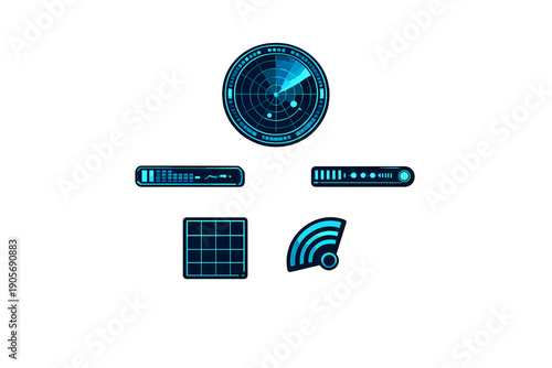 A collection of futuristic blue HUD interface elements including a circular radar screen, data bars, a grid, and a signal icon set against a solid black background.