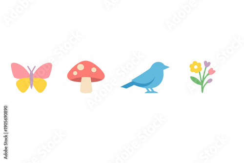 A collection of four flat design icons featuring a colorful butterfly, a red spotted mushroom, a blue bird, and a small bouquet of flowers arranged in a row on a black background.