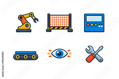 This set of six colorful flat icons features industrial elements like a robotic arm, safety fence, control interface, conveyor, vision sensor, and repair tools for manufacturing.