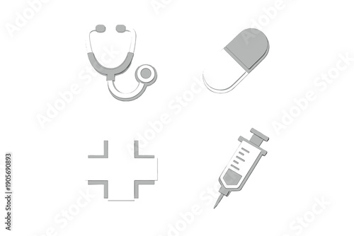 A collection of four grayscale medical icons including a stethoscope, a capsule pill, a medical cross, and a syringe, all set against a solid black background in a flat design style.