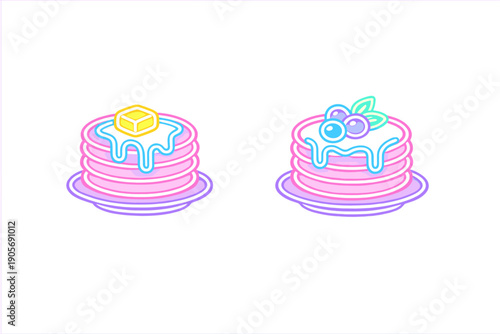 Two glowing neon pancake stacks on plates set against a dark background. One features a yellow butter cube while the other is topped with blueberries and green leaves.