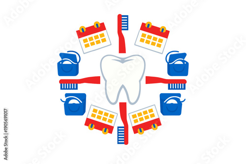 A central white tooth is surrounded by a circular arrangement of dental care icons including red toothbrushes, blue dental floss containers, and orange calendars on a black background.
