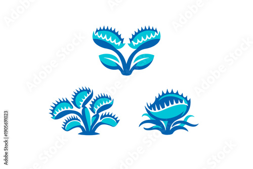 A collection of three blue Venus flytrap illustrations displayed on a black background. Each plant shows distinct carnivorous traps with jagged edges and stylized foliage.