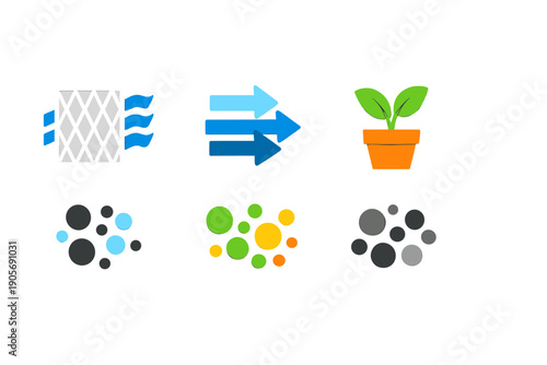 A set of six flat icons representing air filtration, including a filter, directional arrows, a potted plant, and various colored particles like dust and pollen on a black background.