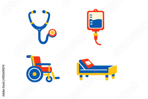 A set of four medical icons featuring a stethoscope, an intravenous drip bag, a wheelchair, and a hospital bed, all designed in a flat, colorful style on a black background.
