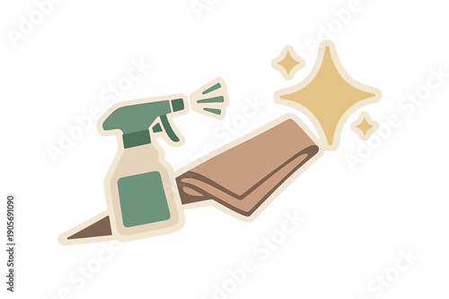 This graphic illustration shows a green spray bottle next to a folded brown cleaning cloth with yellow sparkles, symbolizing a clean and sanitized environment.