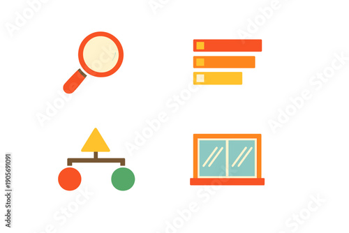 A collection of four flat design icons on a black background featuring a magnifying glass, a horizontal bar chart, a simple hierarchy flowchart, and a stylized window graphic.