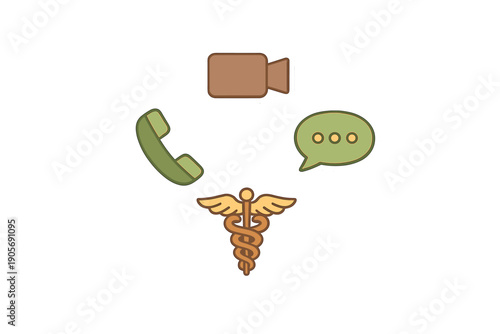 Four sticker-style icons for telehealth services featuring a video camera, phone, chat bubble, and medical caduceus symbol, isolated on a black background.