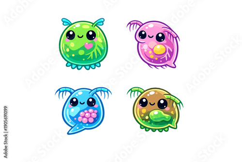 A collection of four cute, stylized microscopic creatures in vibrant colors like green, pink, and blue. These digital illustrations feature friendly faces and internal biological details.