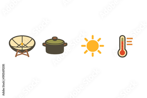 A set of four flat icons representing solar cooking technology, featuring a parabolic reflector, a cooking pot, a sun symbol, and a thermometer indicating high heat on a black background.