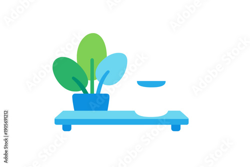 A minimalist flat illustration featuring a potted plant with green and blue leaves sitting next to a black and white mug on a light blue shelf against a black background.