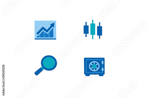 A collection of four blue financial icons including a growth chart, candlestick bars, a magnifying glass, and a secure vault, all set against a solid black background.