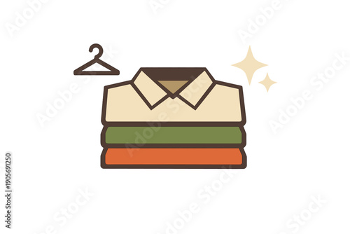 A flat illustration of a stack of folded clothes featuring a collared shirt on top with green and orange layers below, accompanied by a hanger and sparkle icons on a black background.
