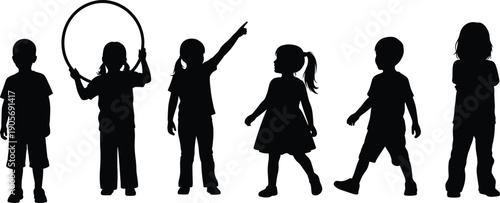 Children black silhouettes, kids playing with hula hoop, little boy girl standing, childhood activity vector line art, school pupils group