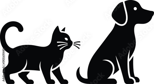 Cat and dog silhouettes, pet shop icons, animal shelter logo, vet clinic symbols, puppy kitten together, black vector illustration, domestic friends