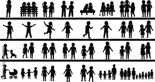 Children silhouettes collection, kids playing and walking, group of little boys girls holding hands, childhood vector black illustration icons