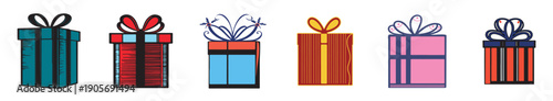 A collection of six colorful gift boxes with ribbons and bows, suggesting celebration and giving, vector illustration.