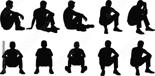 Men sitting silhouettes, male figures resting on floor, lonely person poses, guy in casual clothes vector illustration, group of people sitting