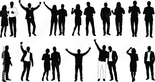 Successful business people silhouettes, professional men and women celebrating victory, corporate teamwork achievement icons
