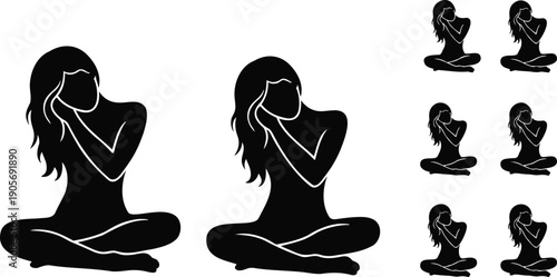 Woman sitting silhouette, girl yoga pose, meditation zen icons, female health beauty symbols, wellness spa vector line art illustration, relaxing person