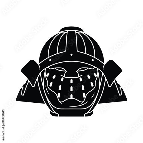 Black and White Traditional Japanese Samurai Helmet Mask Silhouette Icon