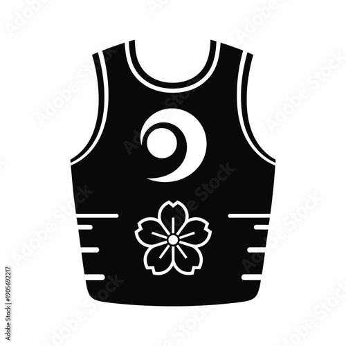 Black Chest Guard Icon with Crescent Moon and Cherry Blossom